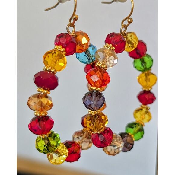 Gorgeous Colorful Glass Crystal Bead 1.75" Hoop Dangle Earrings - Picture 1 of 3
